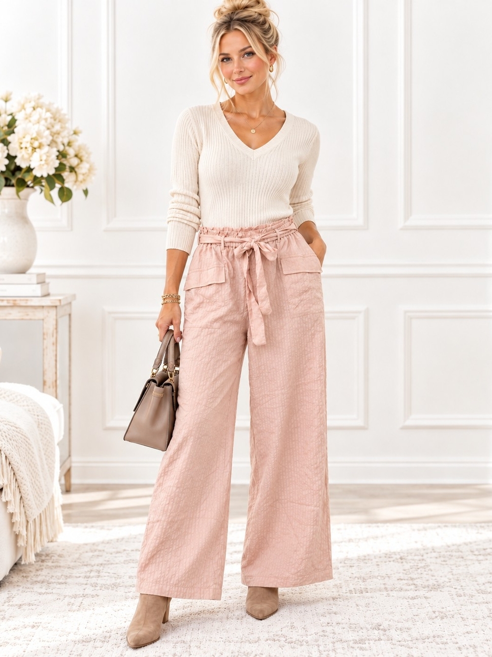 Dizzy Lizzy Peach Blush Wide Leg Belted Pants  Size Medium